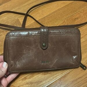 The Sak Brown Iris Smooth and Tooled Leather Crossbody Wallet Wristlet Bag